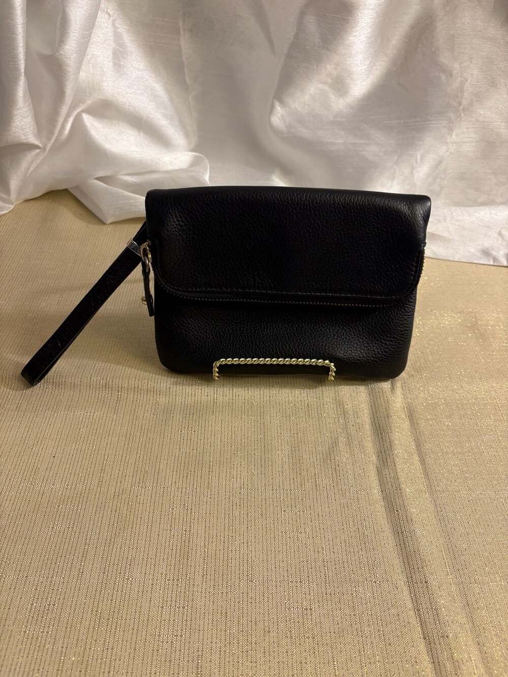 Talbots Black Pebbled Leather Foldover Clutch Bag Purse with Wristlet Strap